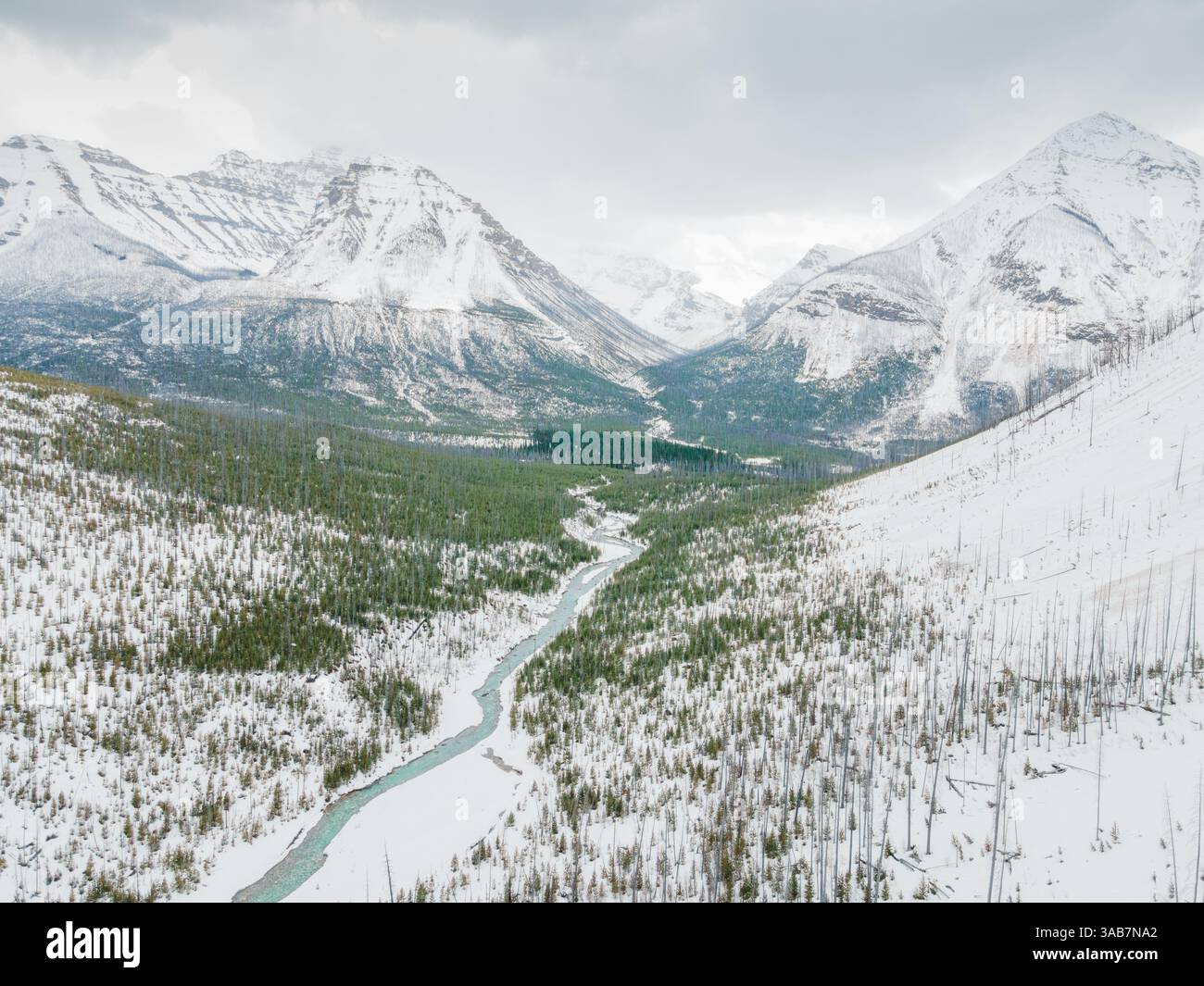 Une superbe rivière glaciaire serpentant à travers un terrain montagneux accidenté, présentant des eaux bleues immaculées et des paysages alpins spectaculaires. Banque D'Images
