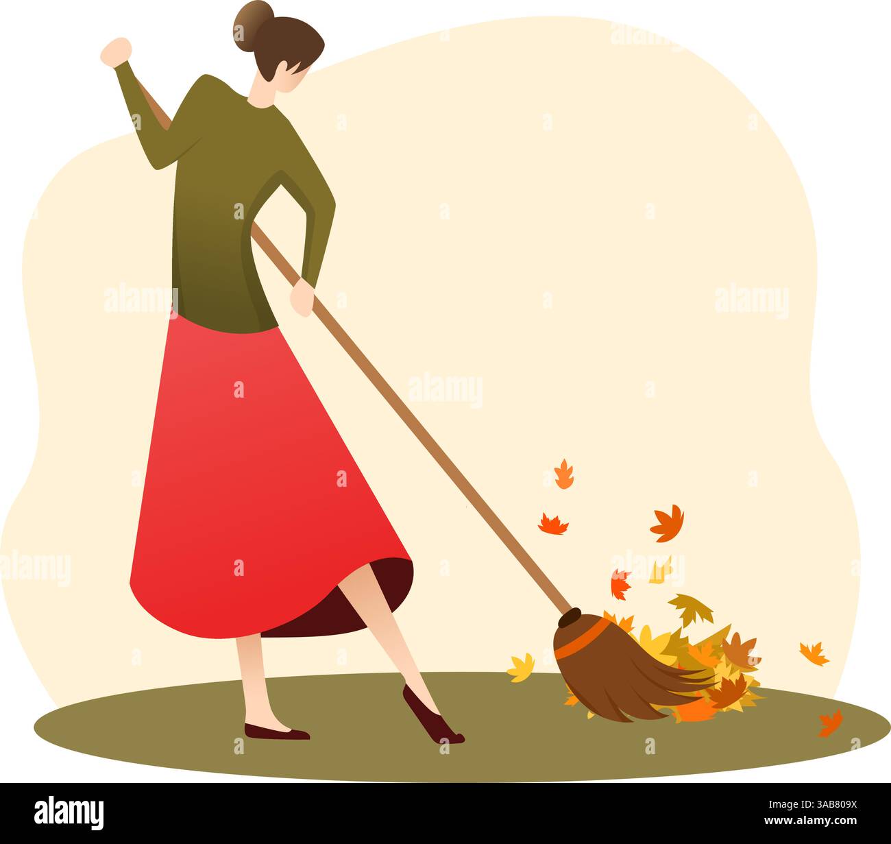 balayage de feuilles d'automne illustration vectorielle, nettoyage de la cour des feuilles, un balayage de dame avec un balai Illustration de Vecteur