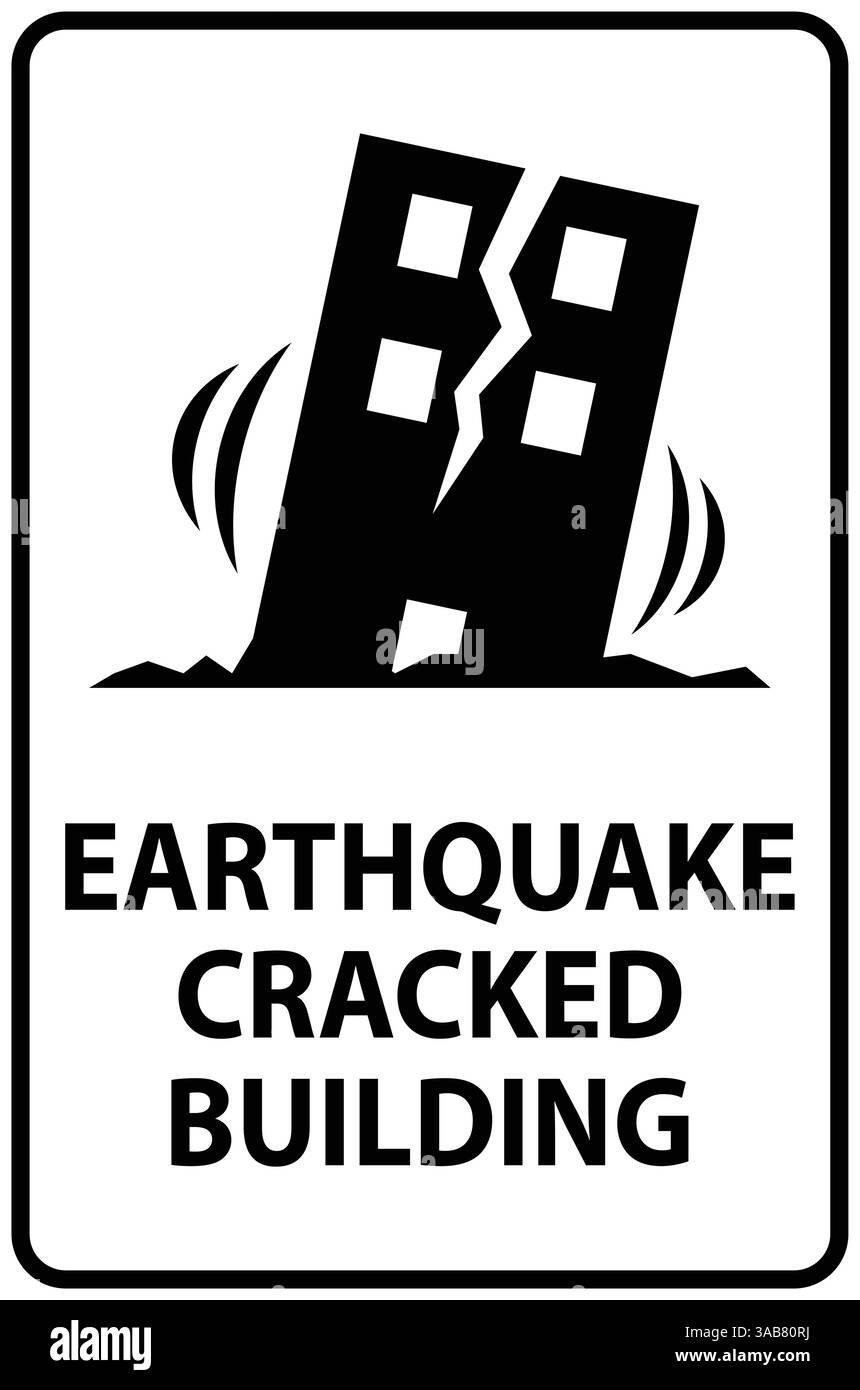 Panneau d'avertissement de tremblement de terre devant un bâtiment endommagé avec des fissures visibles, soulignant les dommages structurels et la baisse sismique Illustration de Vecteur