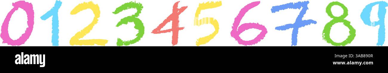 Numéros colorés 0-9, dessinés à la main dans un crayon de cire ou un style pastel. Effet surligneur sur une planche, parfait pour le dessin de maternelle, le matériel d'apprentissage Illustration de Vecteur