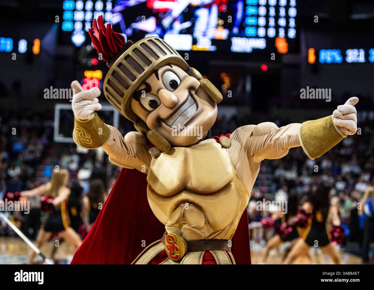 Mars 31 2025 la mascotte USC de Spokane WA U.S.A. sur le terrain lors du match deux de la NCAA Women's Basketball Regional Elite Eight entre les Trojans USC et les Huskies UConn. UConn a battu l'USC 78-64 à Spokane Veterans Memorial Arena, Spokane, WA. Thurman James / CSM (crédit image : © Thurman James/Cal Sport Media) Banque D'Images