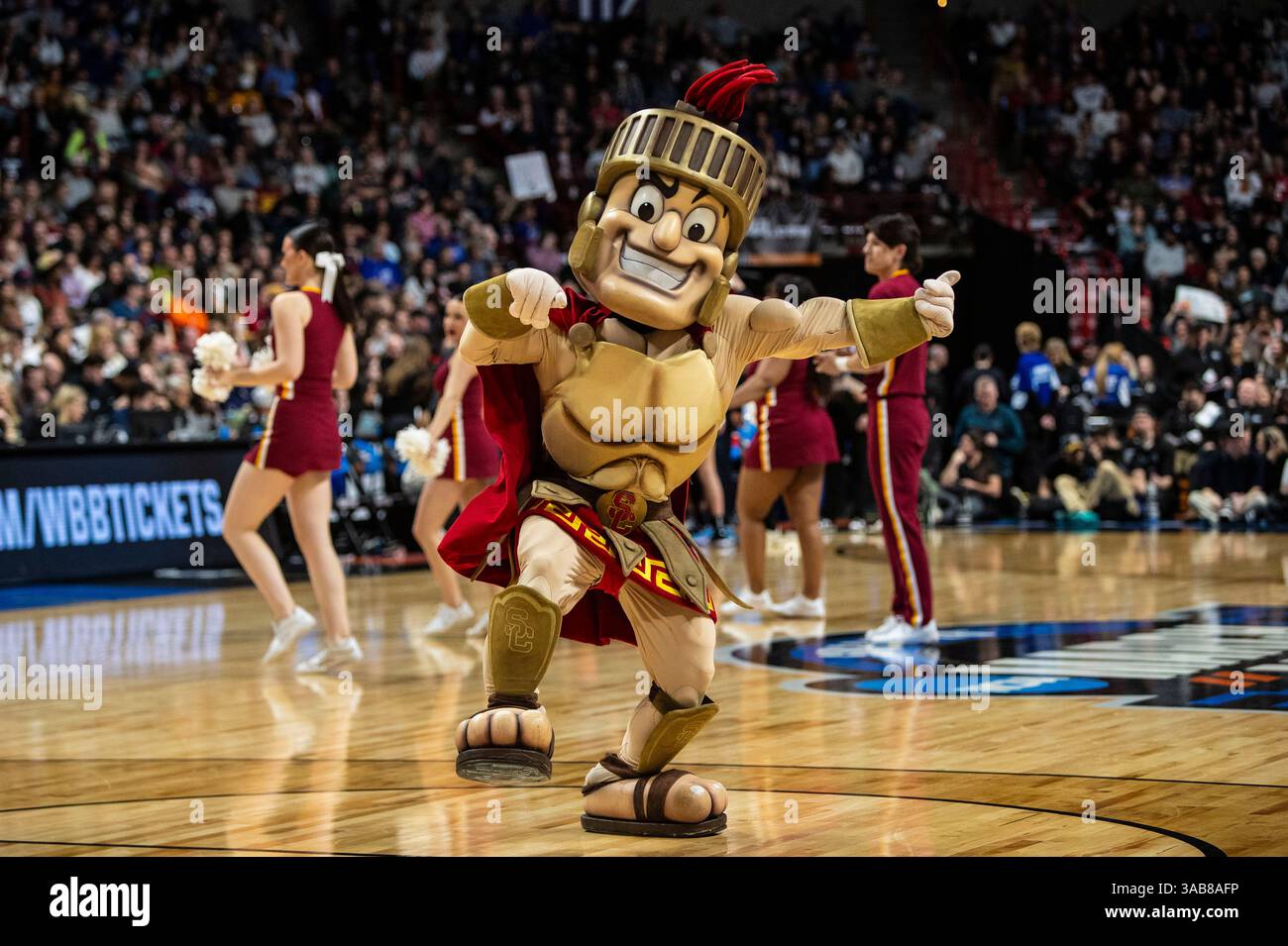 Mars 31 2025 la mascotte USC de Spokane WA U.S.A. sur le terrain lors du match deux de la NCAA Women's Basketball Regional Elite Eight entre les Trojans USC et les Huskies UConn. UConn a battu l'USC 78-64 à Spokane Veterans Memorial Arena, Spokane, WA. Thurman James / CSM (crédit image : © Thurman James/Cal Sport Media) Banque D'Images