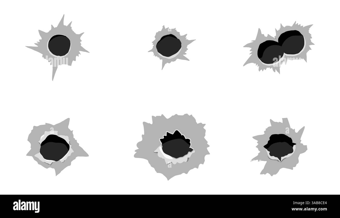 Silhouette de marque d'arme à feu de trou de balle, pistolet à impact, coup de feu de trou de balle. Dégâts de tir. Illustration vectorielle Illustration de Vecteur