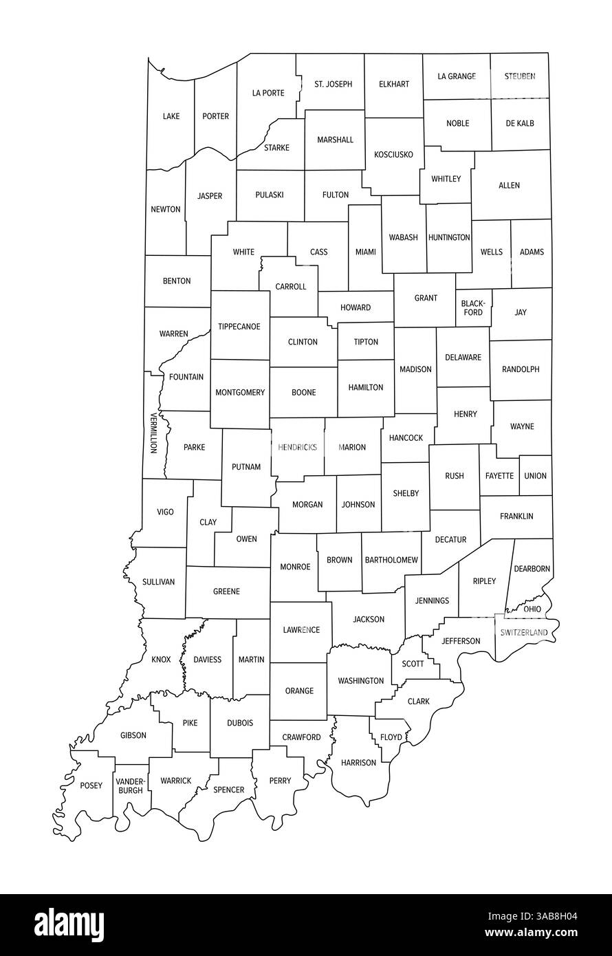 État de l'Indiana subdivisé en 92 comtés, carte de contour. État dans la région du Midwest des États-Unis, surnommé l'État Hoosier. Banque D'Images État de l'Indiana subdivisé en 92 comtés, carte de contour. État dans la région du Midwest des États-Unis, surnommé l'État Hoosier. Banque D'Images