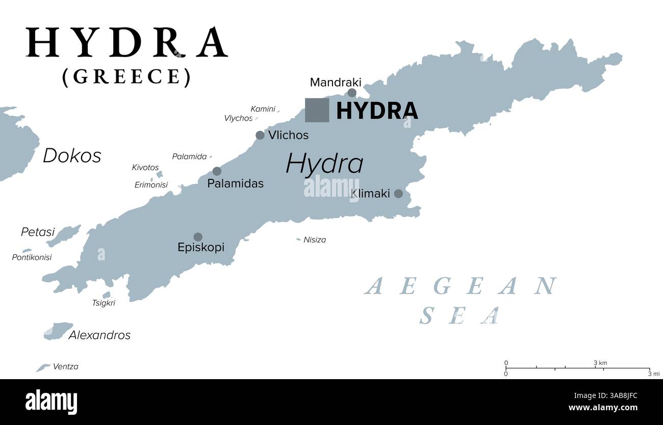 Hydra, île grecque, carte politique grise. Une des îles Saroniques de Grèce dans la mer Égée. Aussi Ydra ou Idra, et dans l'antiquité Hydrea. Banque D'Images