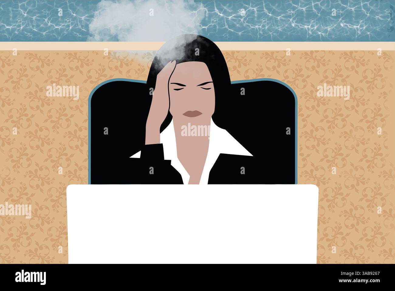 Une femme d'affaires est assise à son bureau, visiblement stressée et éprouvant des tensions mentales. Elle tient sa tête dans sa main alors que la vapeur monte, symbolisant la pression Banque D'Images