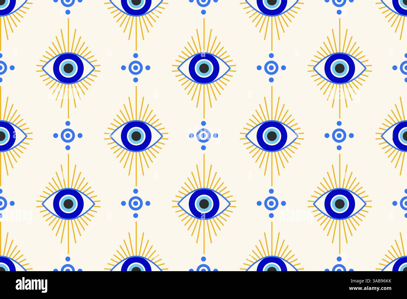 Mauvais oeil grec modèle sans couture. Fond vectoriel turc avec des perles bleues et nazar magique. L'amulette mystique est le symbole de la protection et de la chance. Arabe Illustration de Vecteur