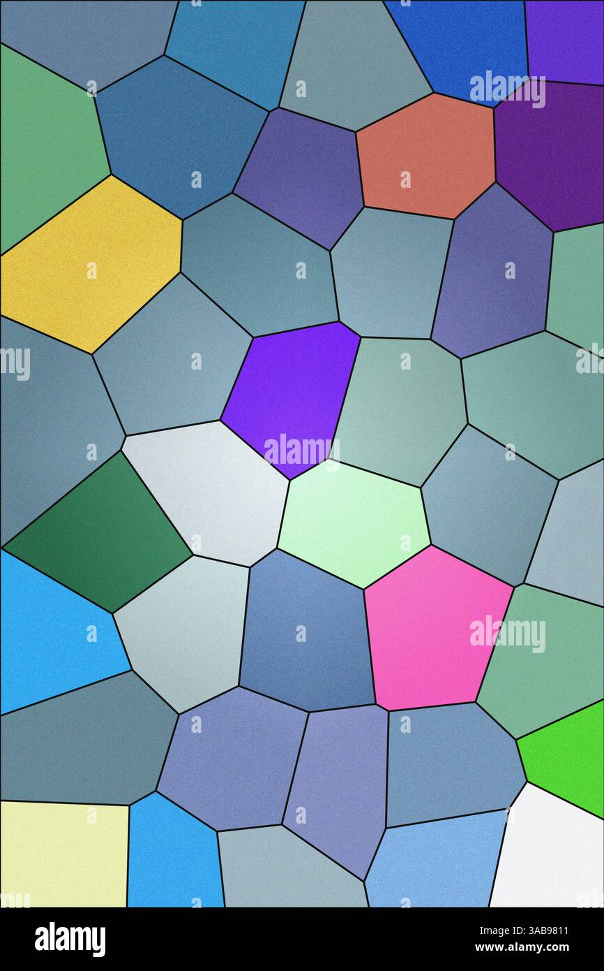Une illustration réalisée numériquement avec une mosaïque de formes géométriques multicolores et de tailles variées rappelant le vitrail ou le carrelage. Banque D'Images
