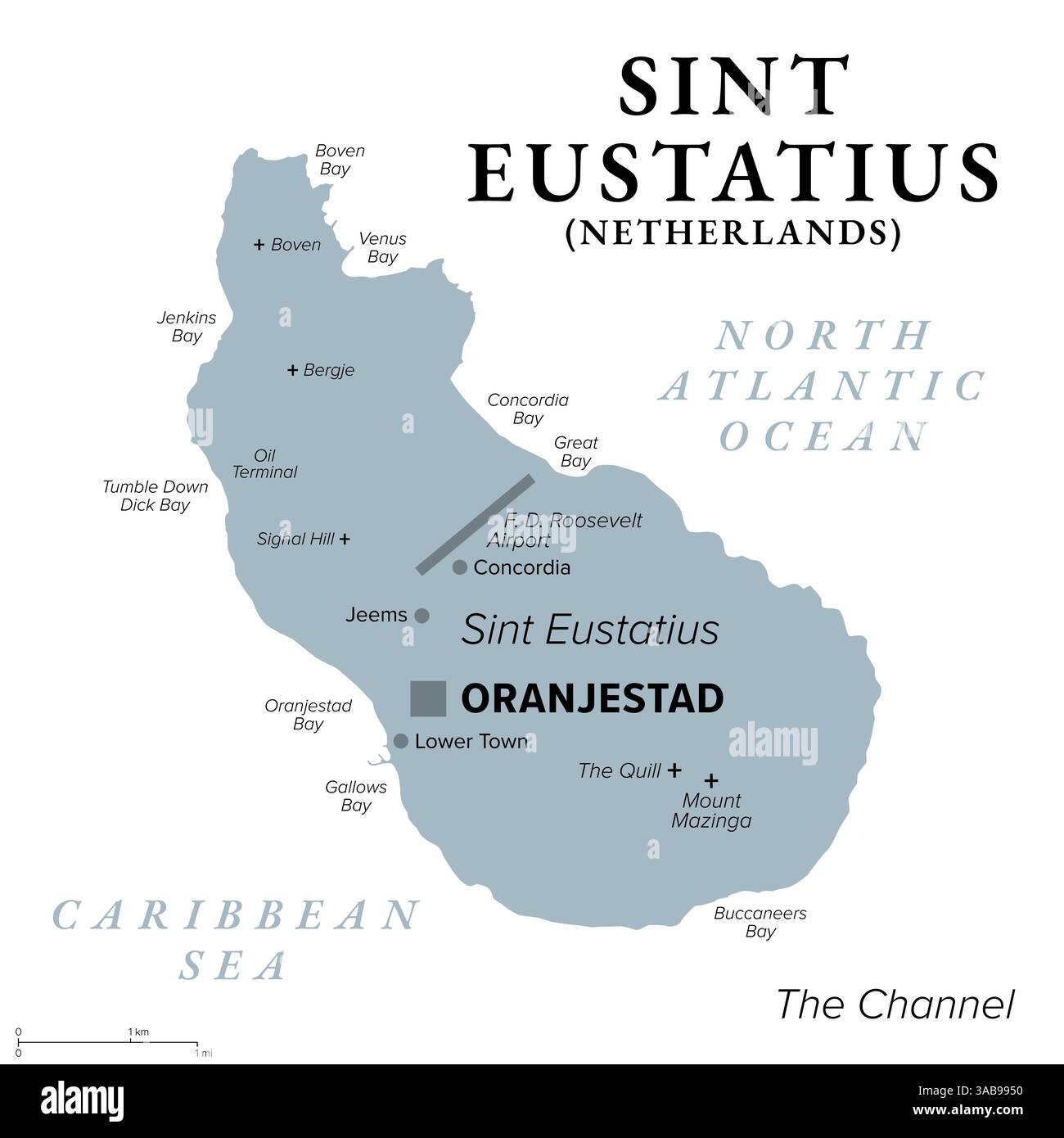 Saint-Eustache, île des Caraïbes pays-Bas, carte politique grise avec la capitale Oranjestad. Statia, situé dans le nord des îles sous-le-vent. Banque D'Images