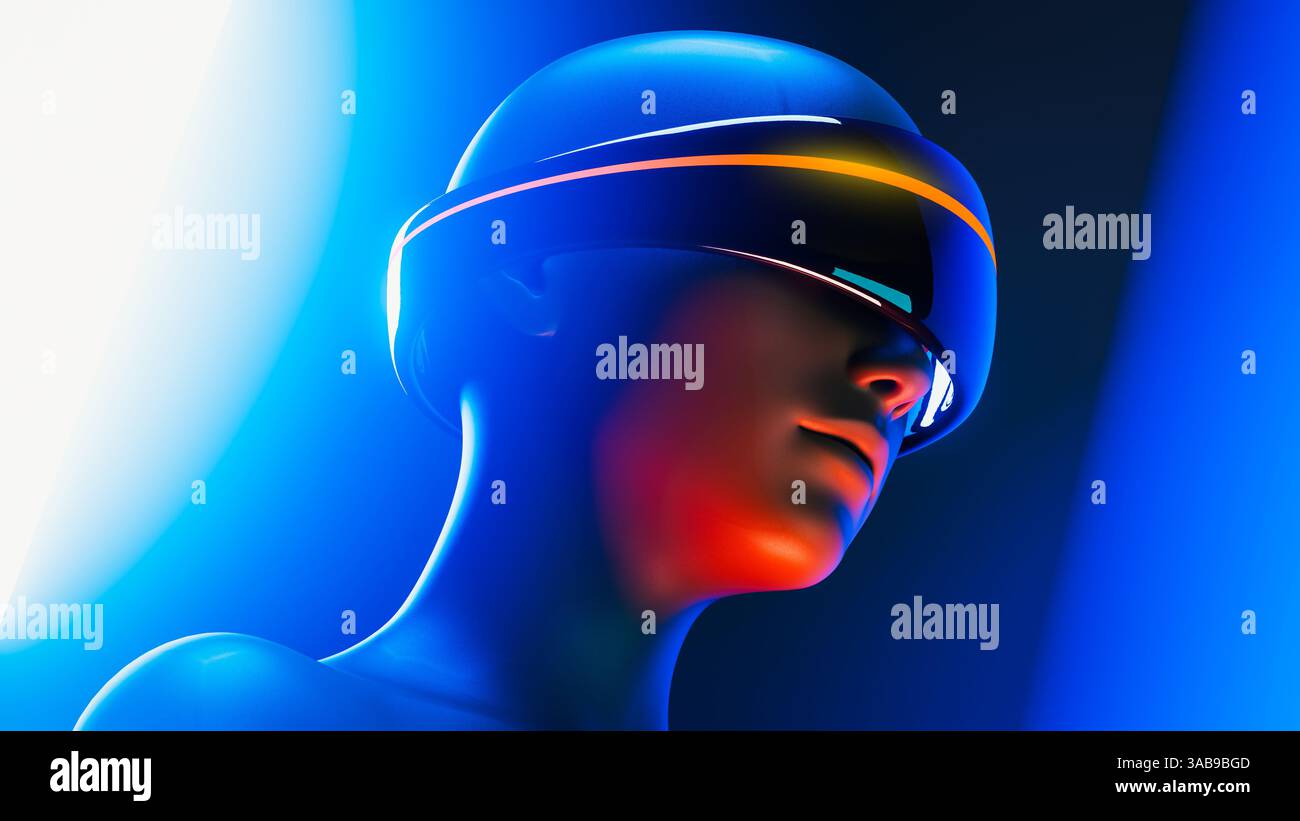 Un humanoïde portant des lunettes virtuelles fait l'expérience d'un monde augmenté rempli d'intelligence artificielle et d'éléments futuristes sous un éclairage vibrant. Banque D'Images