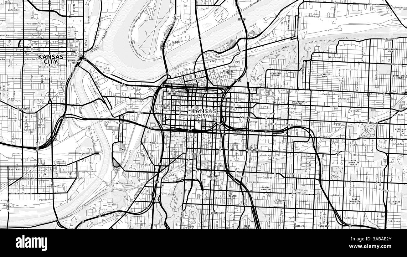 Carte de rue minimaliste de Kansas City avec étiquettes et quartiers avec de nombreux détails pour les routes urbaines, les chemins et les disctricts. Banque D'Images