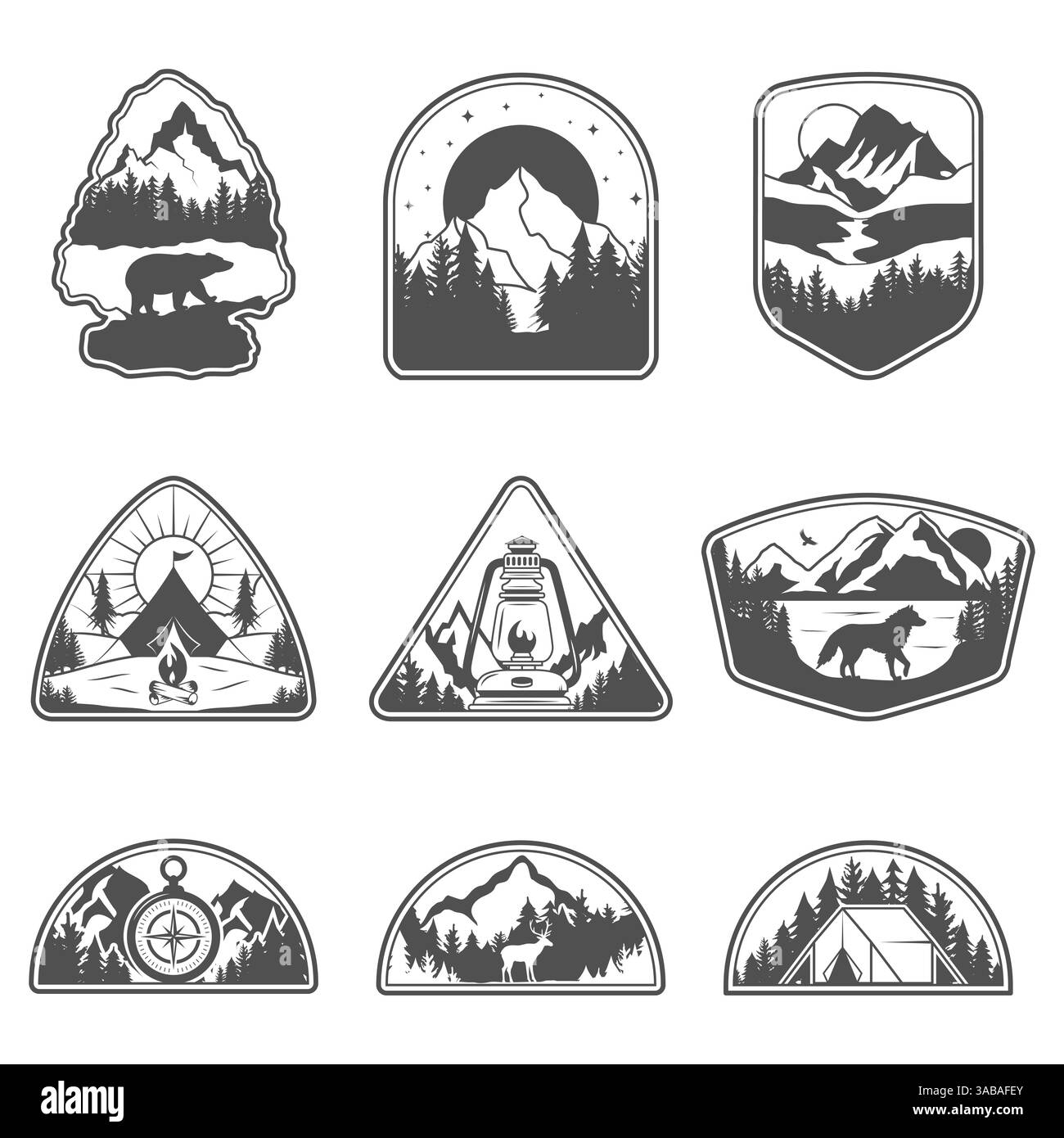 Ensemble de neuf emblèmes de voyage noir de montagne vectoriel. Emblèmes, badges et patchs de logo d'aventure en plein air pour camping. Tourisme de montagne, randonnées. Étiquettes de nature Illustration de Vecteur