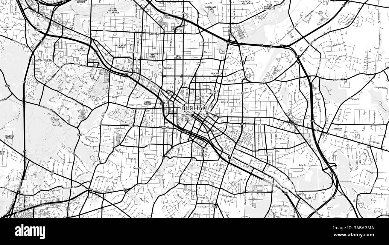 Carte minimaliste de Durham Street avec étiquettes et quartiers avec de nombreux détails pour les routes urbaines, les chemins et les disctricts. Banque D'Images
