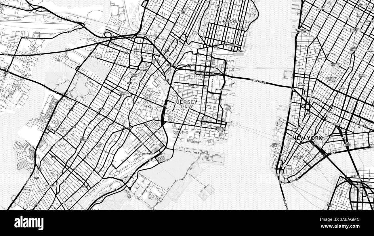 Carte de rue minimaliste de Jersey City avec étiquettes et quartiers avec de nombreux détails pour les routes urbaines, les chemins et les disctricts. Banque D'Images