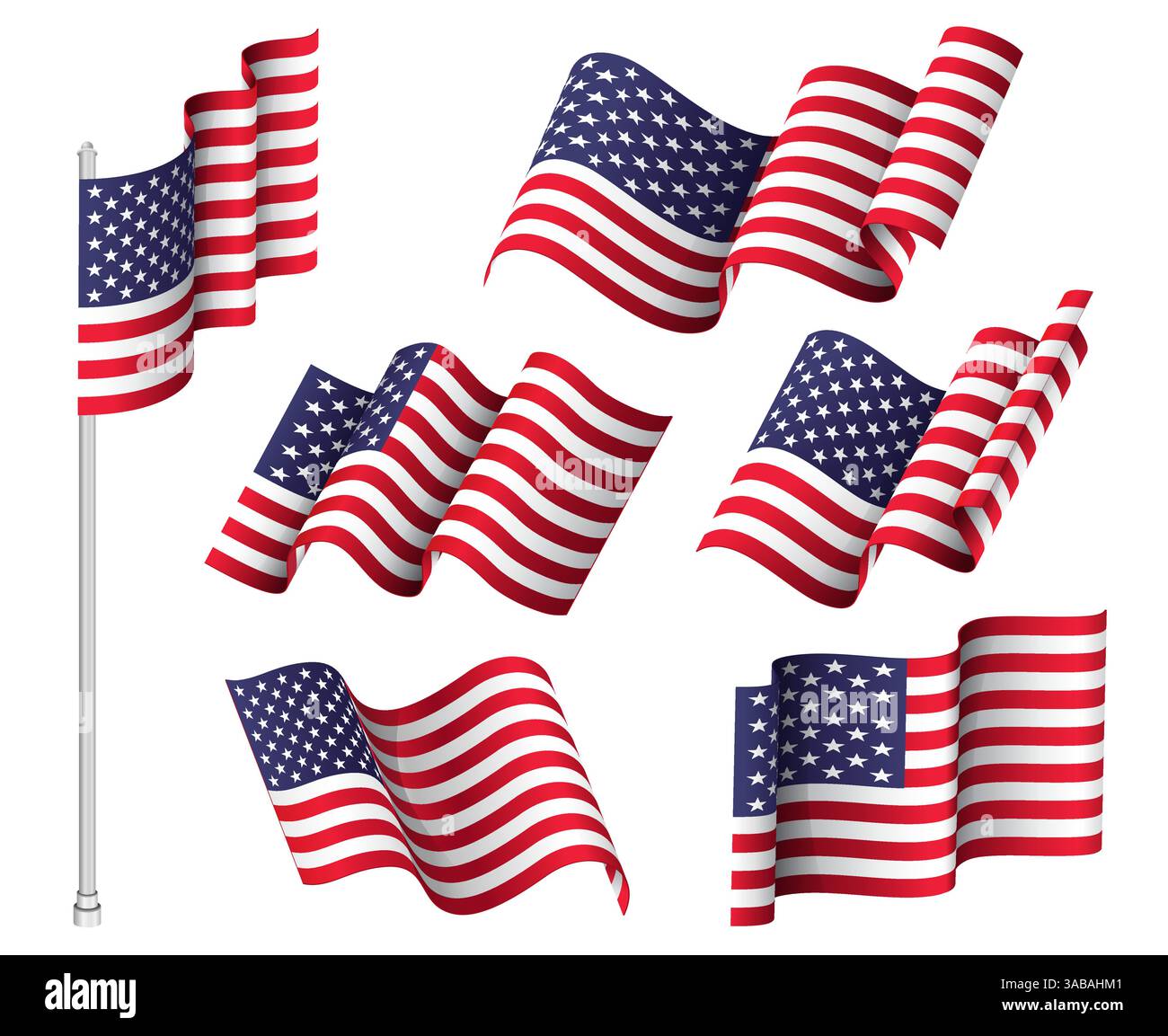 Drapeaux vectoriels USA. Ensemble de six drapeaux ondulés. Symbole national patriotique des États-Unis Illustration de Vecteur