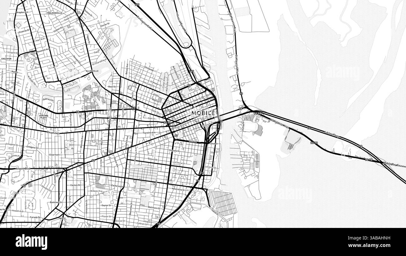 Carte de rue mobile minimaliste avec étiquettes et quartiers avec de nombreux détails pour les routes urbaines, les chemins et les disctricts. Banque D'Images