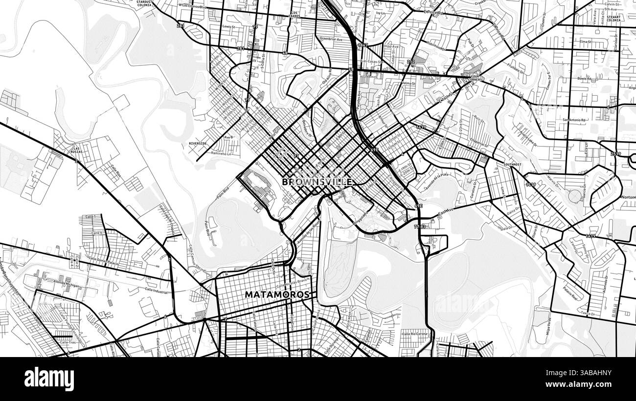 Carte minimaliste de Brownsville Street avec des étiquettes et des quartiers avec de nombreux détails pour les routes urbaines, les chemins et les disctricts. Banque D'Images