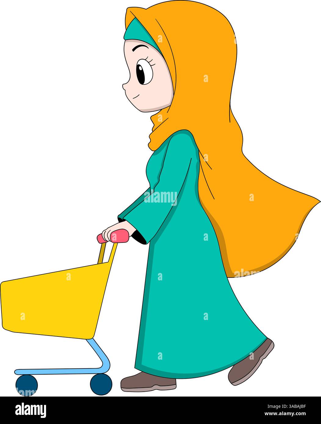 Cette illustration montre une jeune fille musulmane joyeuse dans une tenue turquoise et hijab orange marchant tout en poussant un chariot jaune Illustration de Vecteur