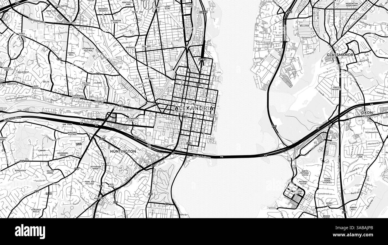 Carte minimaliste d'Alexandrie avec des étiquettes et des quartiers avec de nombreux détails pour les routes urbaines, les chemins et les disctricts. Banque D'Images