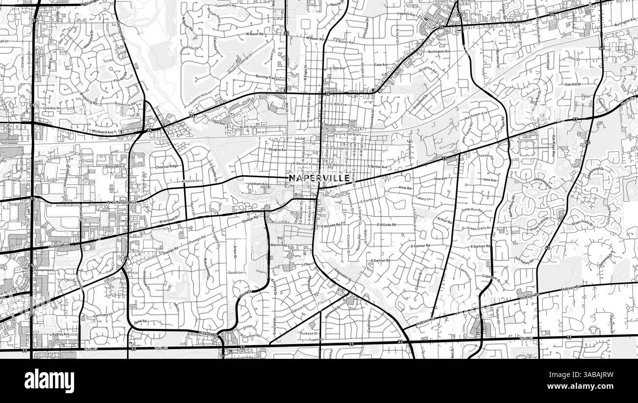 Carte minimaliste de Naperville Street avec étiquettes et quartiers avec de nombreux détails pour les routes urbaines, les chemins et les disctricts. Banque D'Images