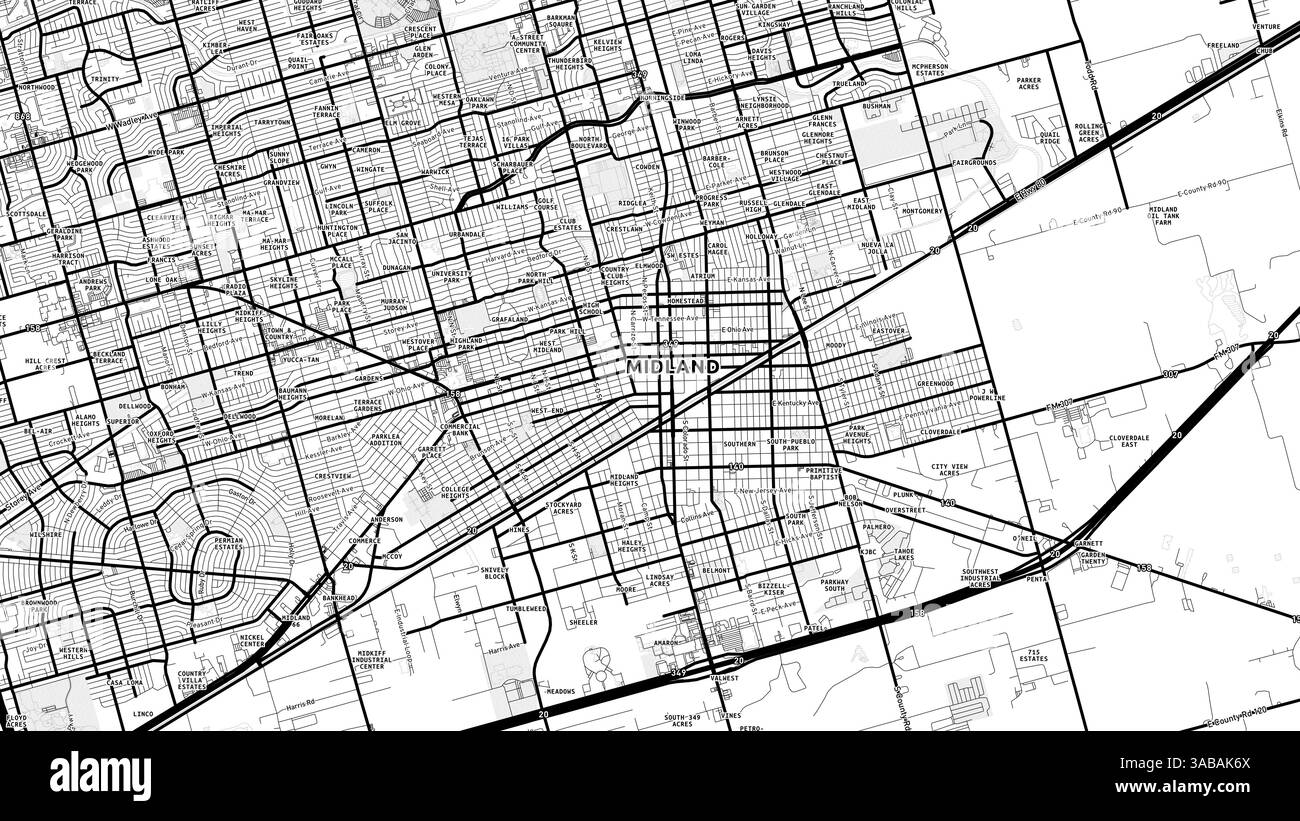 Carte minimaliste Midland Street avec étiquettes et quartiers avec de nombreux détails pour les routes urbaines, les chemins et les disctricts. Banque D'Images
