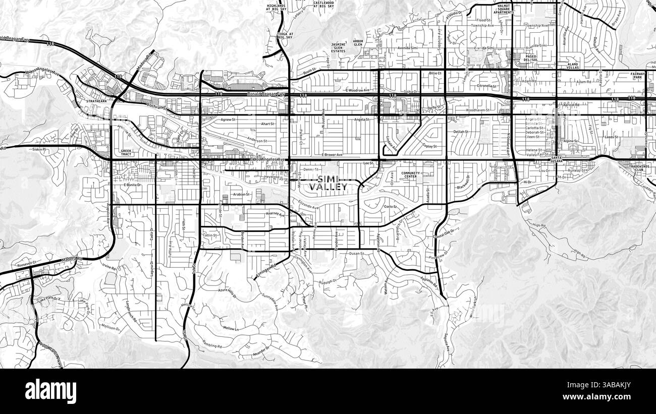 Carte minimaliste de la vallée de Simi avec des étiquettes et des quartiers avec de nombreux détails pour les routes urbaines, les chemins et les disctricts. Banque D'Images
