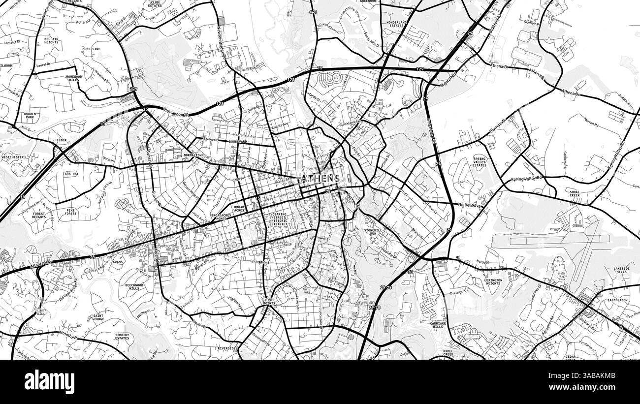 Carte minimaliste du comté d'Athènes-Clarke avec des étiquettes et des quartiers avec de nombreux détails pour les routes urbaines, les chemins et les disctricts. Banque D'Images