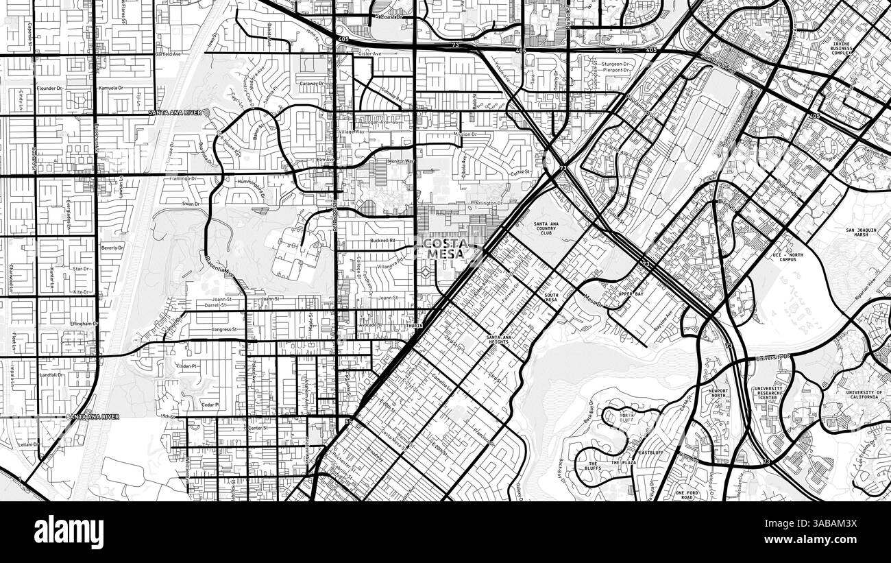 Carte de rue minimaliste Costa Mesa avec des étiquettes et des quartiers avec de nombreux détails pour les routes urbaines, les chemins et les disctricts. Banque D'Images