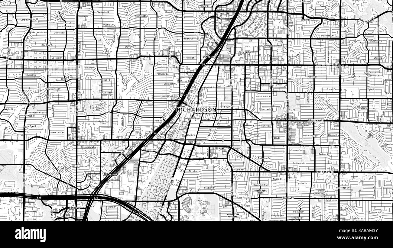 Carte minimaliste de Richardson Street avec étiquettes et quartiers avec de nombreux détails pour les routes urbaines, les chemins et les disctricts. Banque D'Images