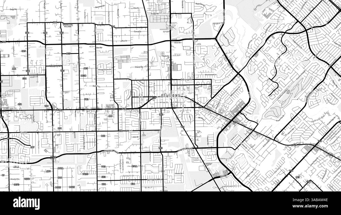 Carte minimaliste de Pearland Street avec étiquettes et quartiers avec de nombreux détails pour les routes urbaines, les chemins et les disctricts. Banque D'Images