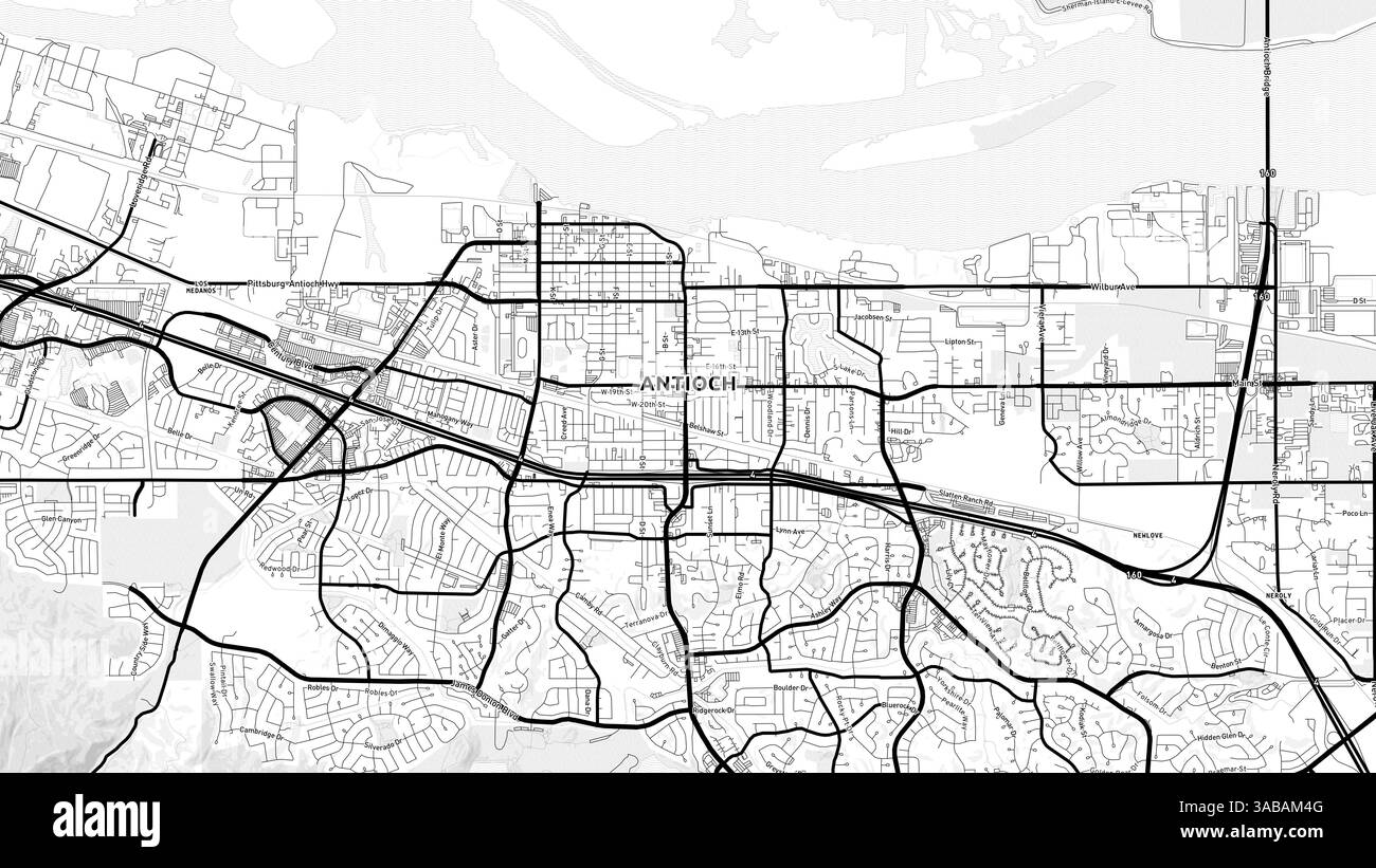 Carte de rue minimaliste d'Antioch avec étiquettes et quartiers avec de nombreux détails pour les routes urbaines, les chemins et les disctricts. Banque D'Images