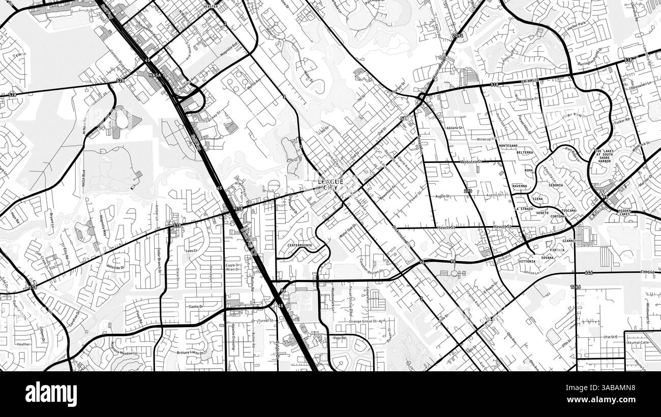Minimalist League City Street Map avec étiquettes et quartiers avec de nombreux détails pour les routes urbaines, les chemins et les disctricts. Banque D'Images