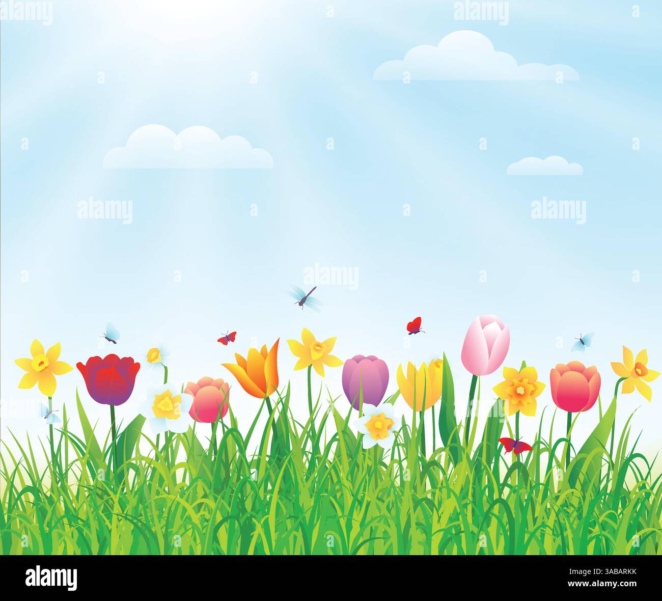 Printemps ou été nature fond avec herbe verte et fleurs. Illustration vectorielle Illustration de Vecteur