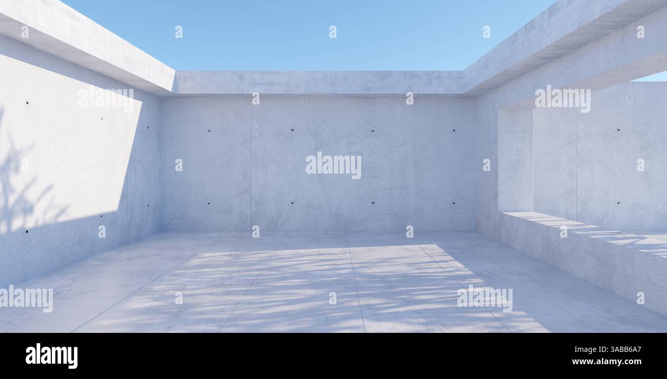 Abstrait vide, salle en béton moderne avec ciel ouvert, cour et ombre d'arbre - modèle de fond intérieur industriel, illustration 3D. Banque D'Images