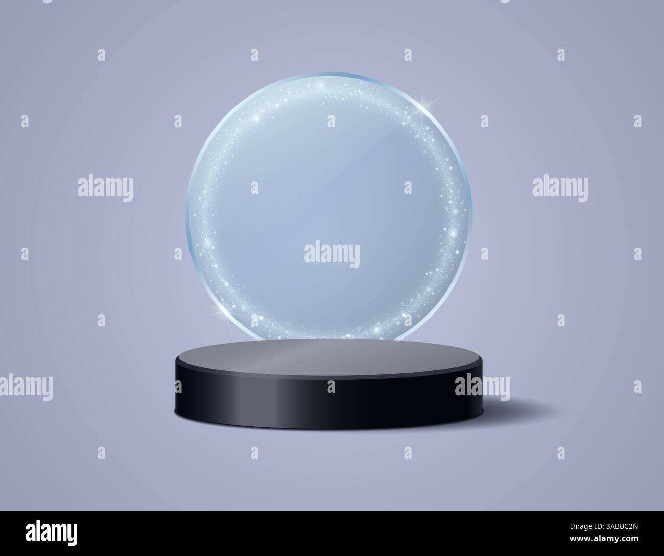 Podium foncé rond sur le fond d'un cadre rond transparent avec de la poussière magique incandescente. Illustration vectorielle 3D. Illustration de Vecteur