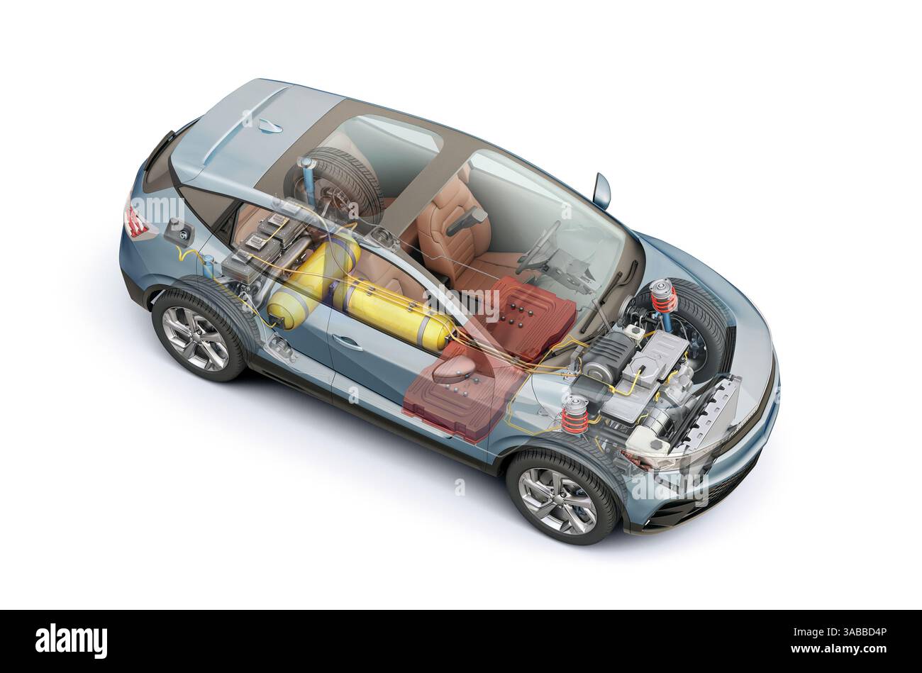 Rendu 3d de coupe technique générique de voiture de carburant d'hydrogène avec tous les détails principaux du système HV dans l'effet fantôme. Perspective vue d'oeil d'oiseau sur backgr blanc Banque D'Images
