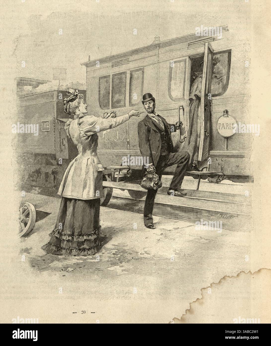 Homme embarquant dans un train pour Paris, disant au revoir à sa femme, petite amie, Français, Rose de Grenade, Roman nouveau, par Jean Rameau, illustrations de Marchetti, années 1890 Banque D'Images