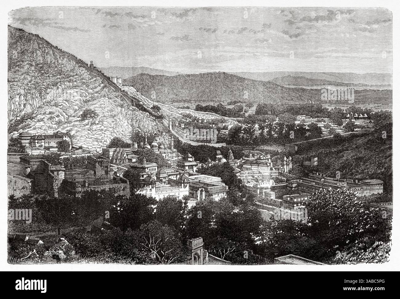 Vue sur la vallée de l'Ambre depuis le Diwan Khana. Maharashtra, Inde. Dessin de Hubert Clerget (1818-1899) Inde des Rajahs 1864 - 1868. Voyages en Inde centrale et dans les présidences de Bombay et du Bengale par Louis Rousselet (1845-1929) le Tour du monde 1872 Banque D'Images