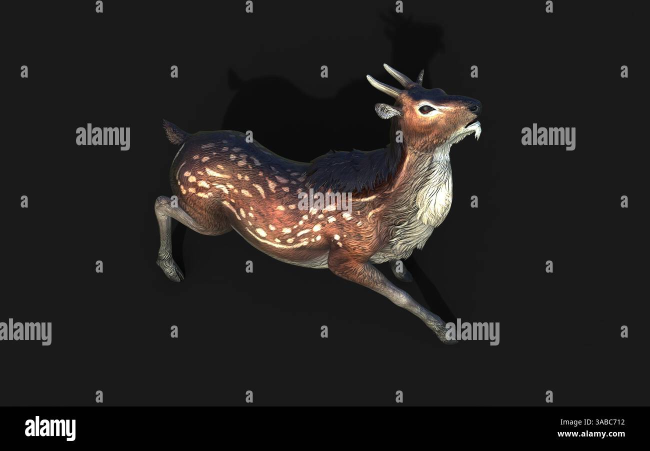 Un majestueux cerf géant saute gracieusement, ses bois dorés brillent sur le fond sombre. Banque D'Images