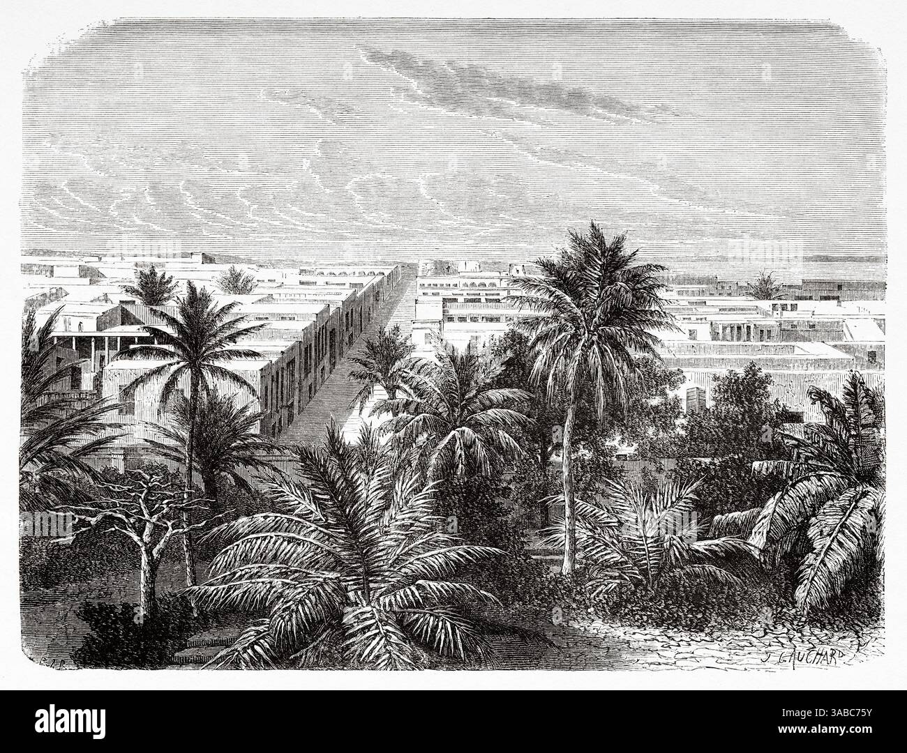 Vue panoramique de la ville de Saint Louis à l'embouchure du fleuve Sénégal, nord du Sénégal, Afrique. Dessin d'Alexandre de Bar (1821-1908) croisière sur les côtes africaines en 1868 par le vice-amiral Alphonse Fleuriot de Langle (1809 - 1881) le Tour du monde 1872 Banque D'Images