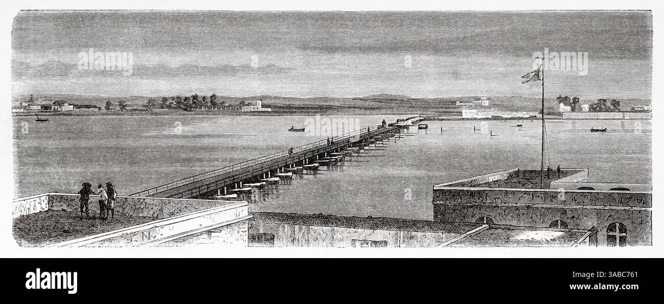 Sort Bridge, ville de Saint Louis. Nord Sénégal, Afrique. Dessin de Jules Noel (1815-1881) croisière sur les côtes africaines en 1868 par le vice-amiral Alphonse Fleuriot de Langle (1809 - 1881) le Tour du monde 1872 Banque D'Images