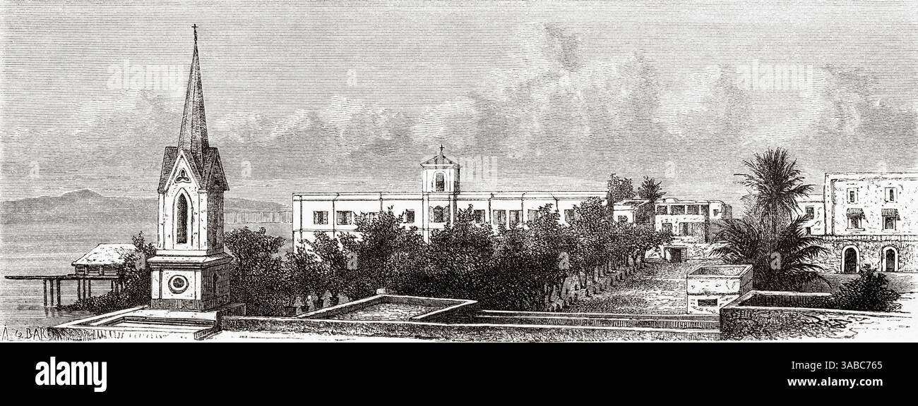 Couvent des Sœurs de Saint Joseph de Cluny, Saint Louis, Sénégal, Afrique. Dessin d'Alexandre de Bar (1821-1908) croisière sur les côtes africaines en 1868 par le vice-amiral Alphonse Fleuriot de Langle (1809 - 1881) le Tour du monde 1872 Banque D'Images