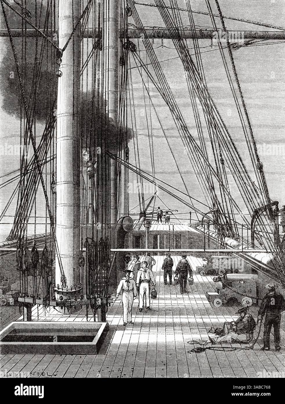 Le navire d'expédition quitte l'île de Gorée, Sénégal, Afrique. Dessin de Jules Noel (1815-1881) croisière sur les côtes africaines en 1868 par le vice-amiral Alphonse Fleuriot de Langle (1809 - 1881) le Tour du monde 1872 Banque D'Images