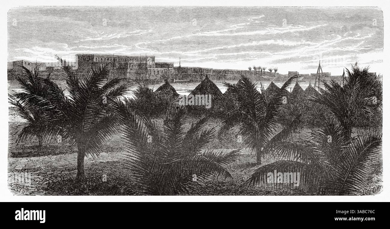 Hôpital de Saint Louis, Sénégal, Afrique. Dessin d'Alexandre de Bar (1821-1908) croisière sur les côtes africaines en 1868 par le vice-amiral Alphonse Fleuriot de Langle (1809 - 1881) le Tour du monde 1872 Banque D'Images