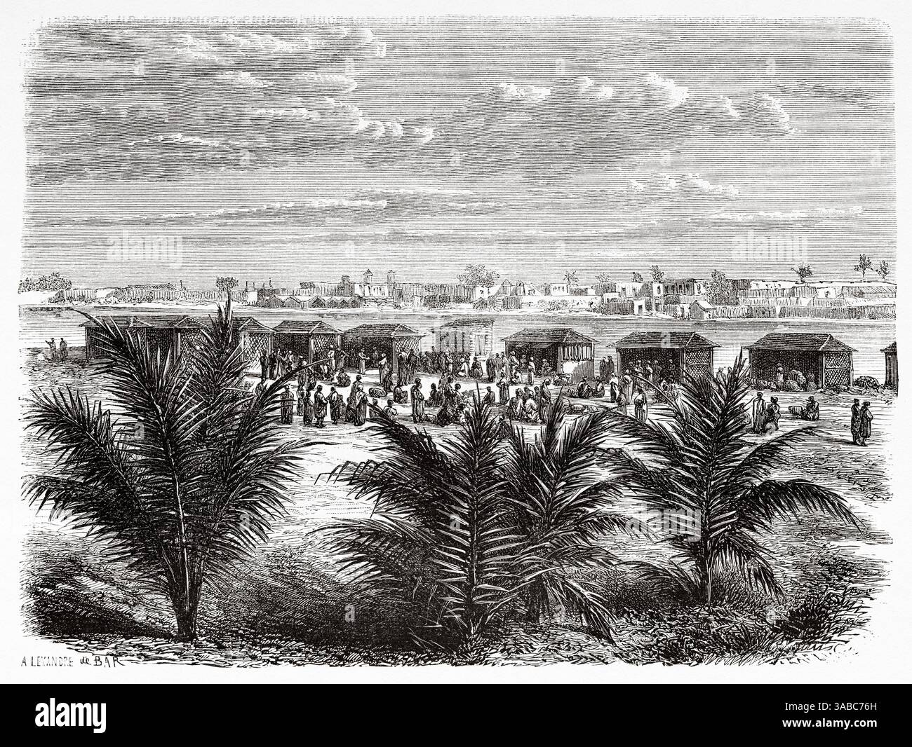 Marché de Saint Louis, Sénégal, Afrique. Dessin d'Alexandre de Bar (1821-1908) croisière sur les côtes africaines en 1868 par le vice-amiral Alphonse Fleuriot de Langle (1809 - 1881) le Tour du monde 1872 Banque D'Images