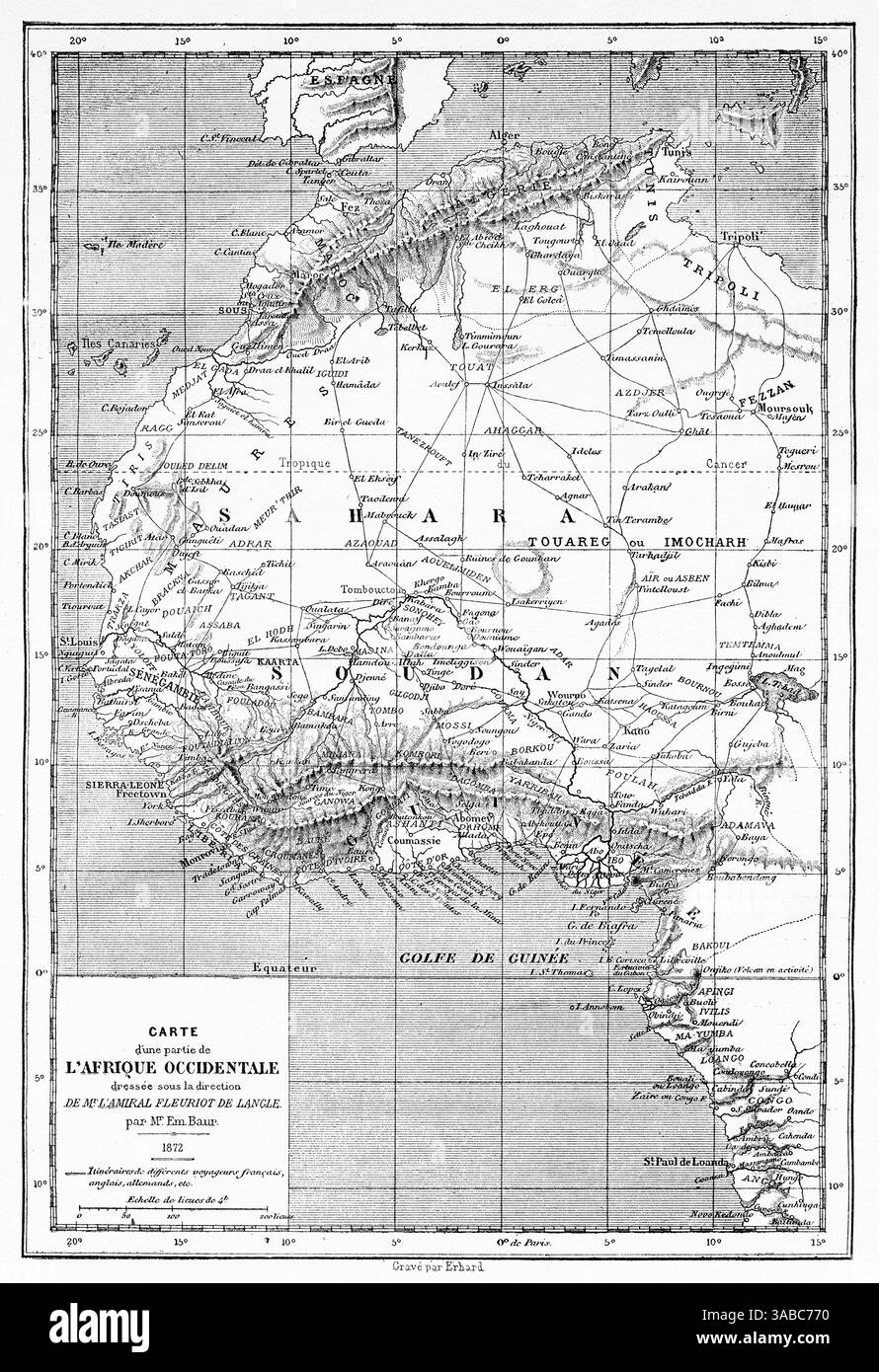 Carte d'une partie de l'Afrique de l'Ouest. Croisière sur les côtes africaines en 1868 par le vice-amiral Alphonse Fleuriot de Langle (1809 - 1881) le Tour du monde 1872 Banque D'Images