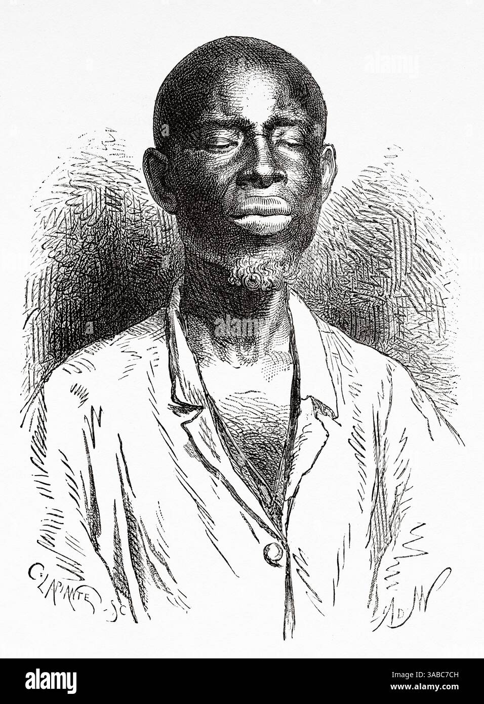 Un laptot était un marin indigène, parfois canoéiste, porteur ou débardeur à l'époque de la colonisation française, principalement sur le fleuve Sénégal ou le long de la côte sénégalaise. Sénégal, Afrique. Dessin d'Alphonse de Neuville (1835-1885) croisière sur les côtes africaines en 1868 par le vice-amiral Alphonse Fleuriot de Langle (1809 - 1881) le Tour du monde 1872 Banque D'Images
