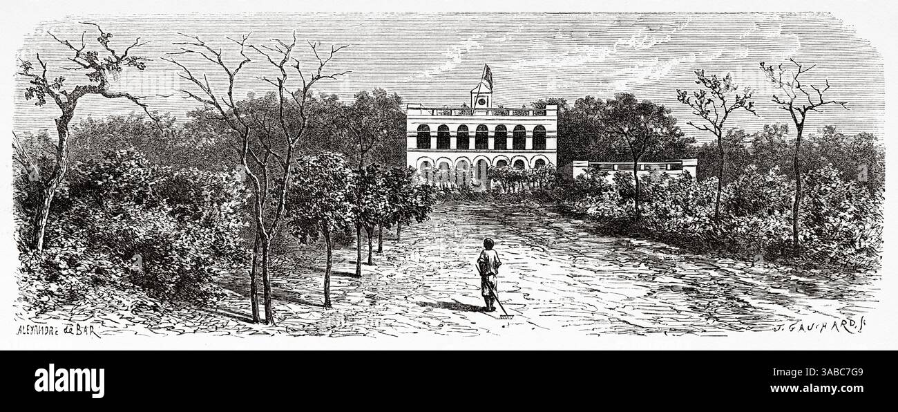 Château de Richard Toll village, Sénégal, Afrique. Dessin d'Alexandre de Bar (1821-1908) croisière sur les côtes africaines en 1868 par le vice-amiral Alphonse Fleuriot de Langle (1809 - 1881) le Tour du monde 1872 Banque D'Images