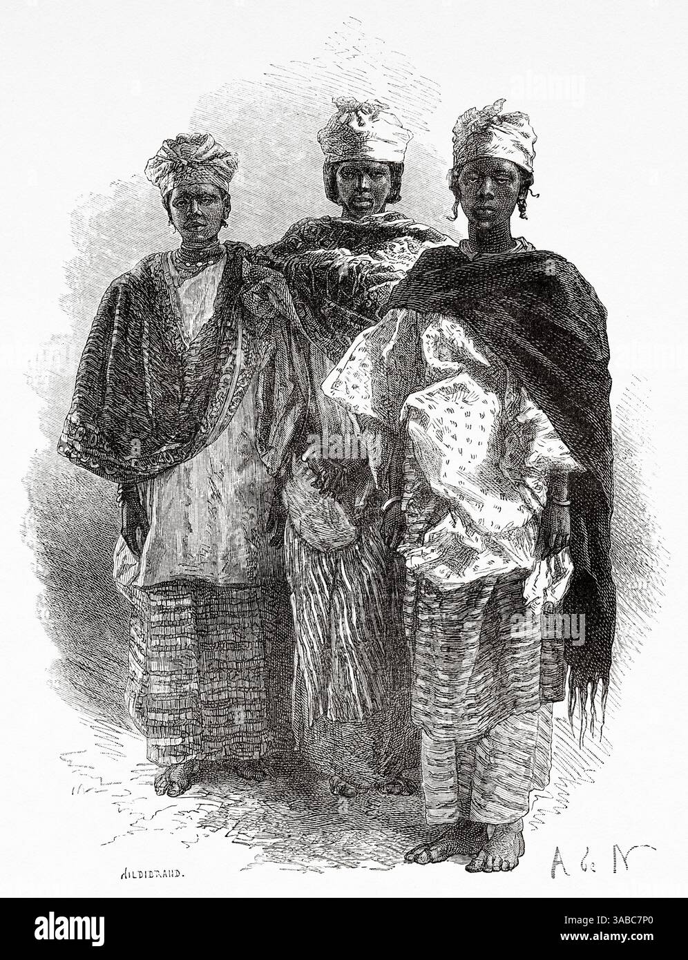 Femmes sénégalaises vêtues de vêtements traditionnels, Sénégal, Afrique. Dessin d'Alphonse de Neuville (1835-1885) croisière sur les côtes africaines en 1868 par le vice-amiral Alphonse Fleuriot de Langle (1809 - 1881) le Tour du monde 1872 Banque D'Images