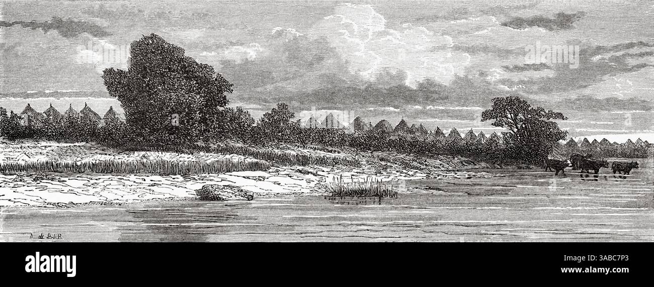 Ville de Guédé, nord du Sénégal, Afrique. Dessin d'Alexandre de Bar (1821-1908) croisière sur les côtes africaines en 1868 par le vice-amiral Alphonse Fleuriot de Langle (1809 - 1881) le Tour du monde 1872 Banque D'Images